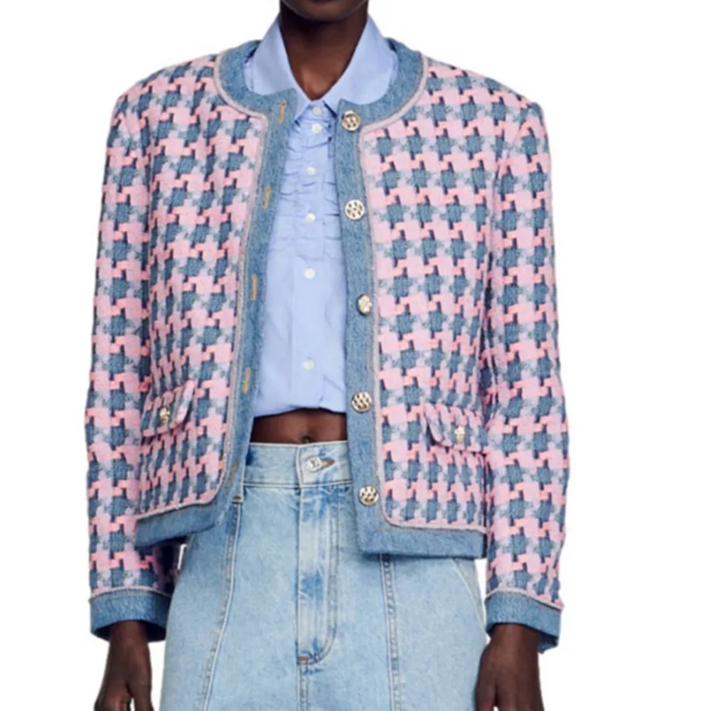 Sandro Philippa Denim Trim Houndstooth Tweed Jacket, 36